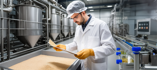 Engineer conducting factory acceptance test in food material handling equipment facility