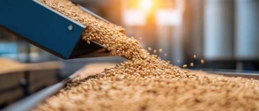 wheat passing thru a mechanical conveyor