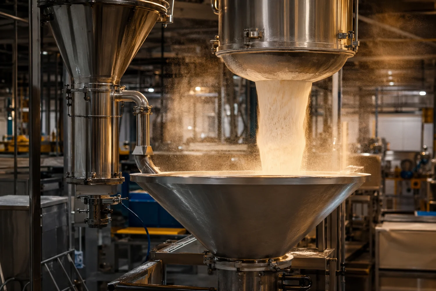 tainless steel powder handling equipment and filter receiver in a confectionery manufacturing facility with visible sugar dust