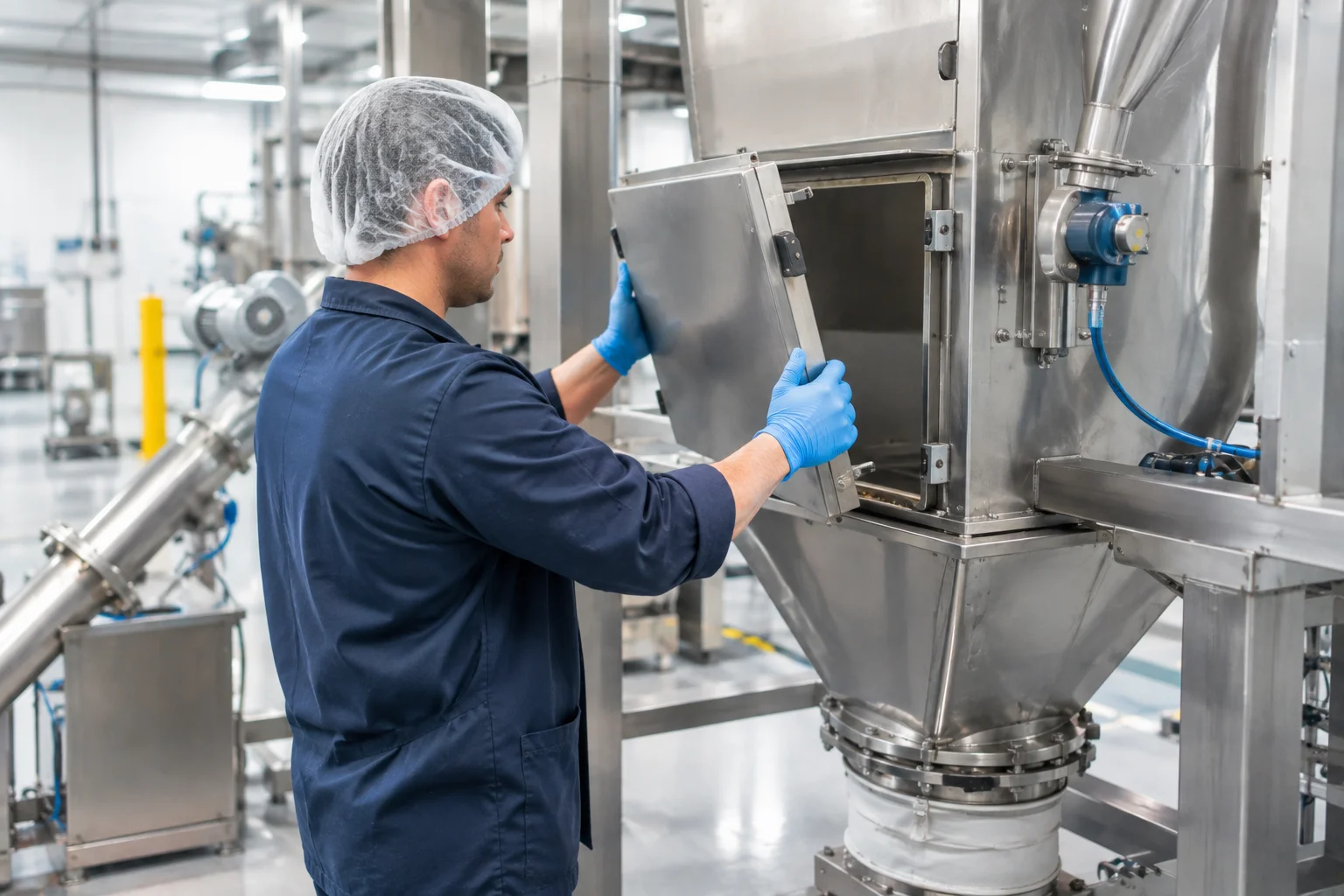 Technician removing a tool-free access panel from industrial powder handling equipment