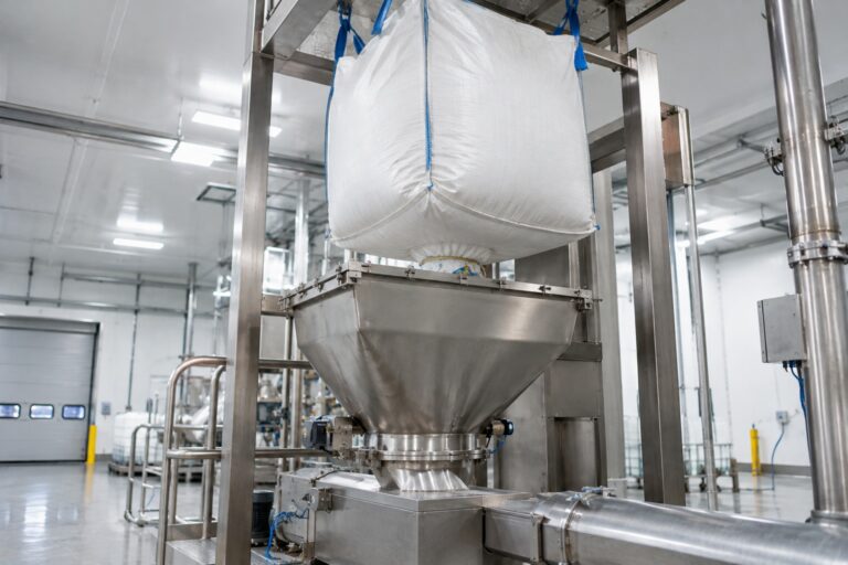 Industrial bulk salt unloading system designed for limited headroom in a manufacturing facility
