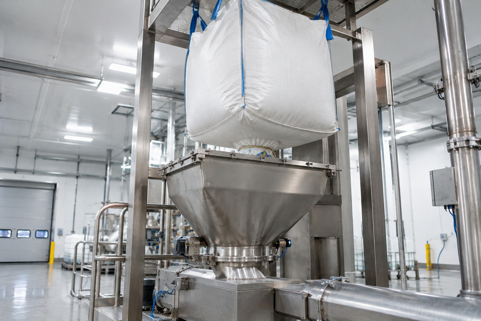 Industrial bulk salt unloading system designed for limited headroom in a manufacturing facility